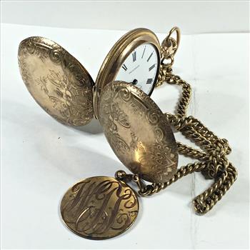 Vintage Progress Brand 7 Jewels Pocket Watch w/Engraved Gold Filled Fob and Chain - 96 Grams Total Weight