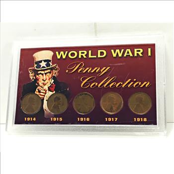 World War I Penny Collection: 1914, 1915-D, 1916, 1917 and 1918 Lincoln Head Wheat Cents*In Custom Holder