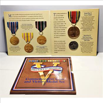World War II 50th Anniversary Commemorative Half Dollar and Victory Medal Set*In Trifold Story Board From US Mint