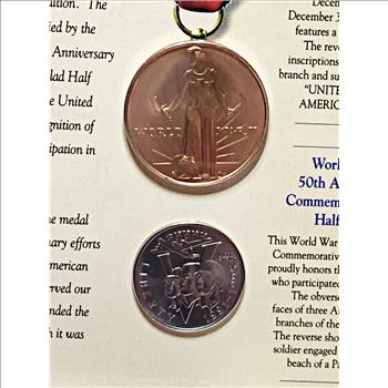 World War II 50th Anniversary Commemorative Half Dollar and Victory Medal Set*In Trifold Story Board From US Mint
