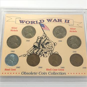 World War II Coin Collection including Steel Cent, Silver Nickels and more in Protective Display