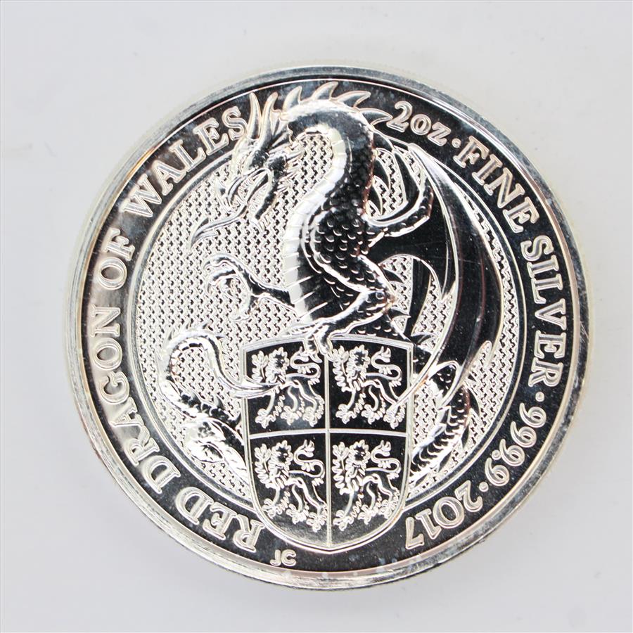 2017 2 Oz 9999 Fine Silver Red Dragon of Wales 5 Pounds Coin (b ...