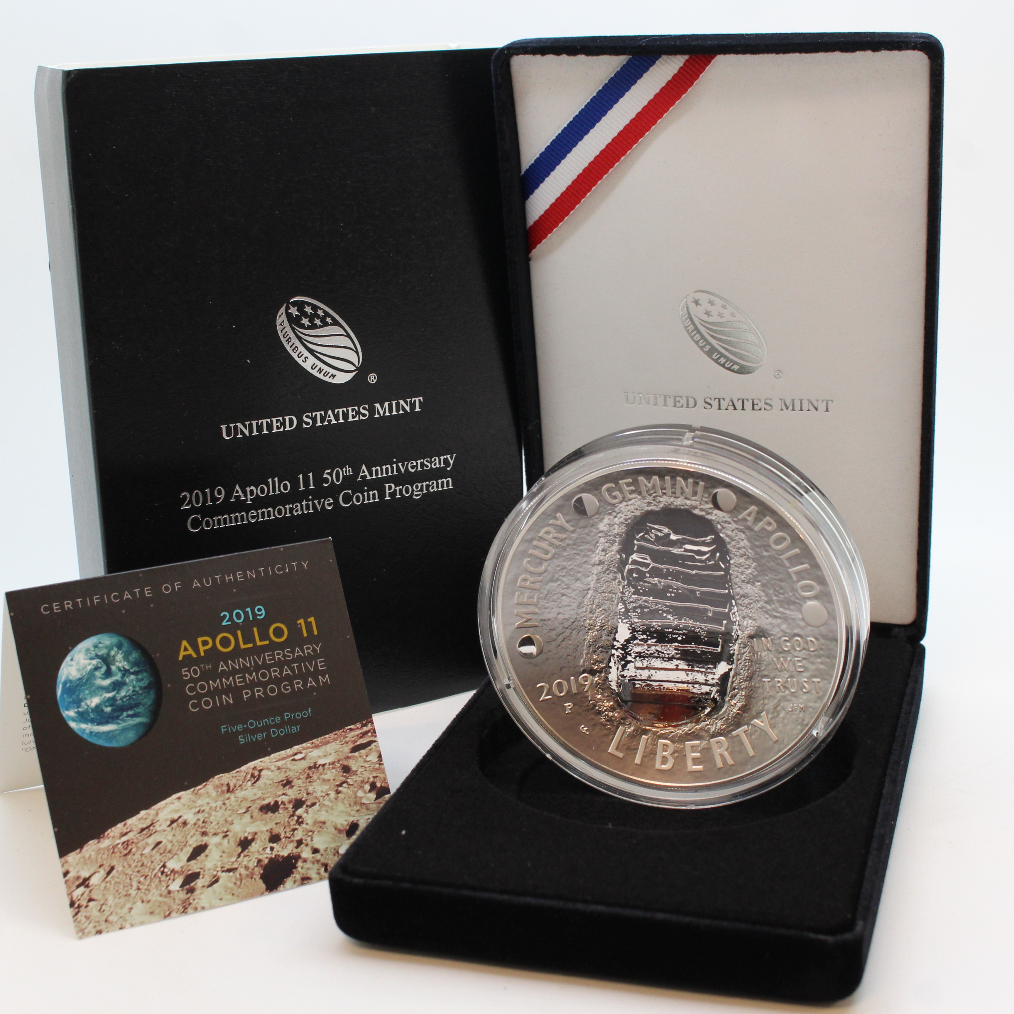 2019 5 oz. Silver Apollo 11 Oversized Curved 50th Anniv. Coin w ...
