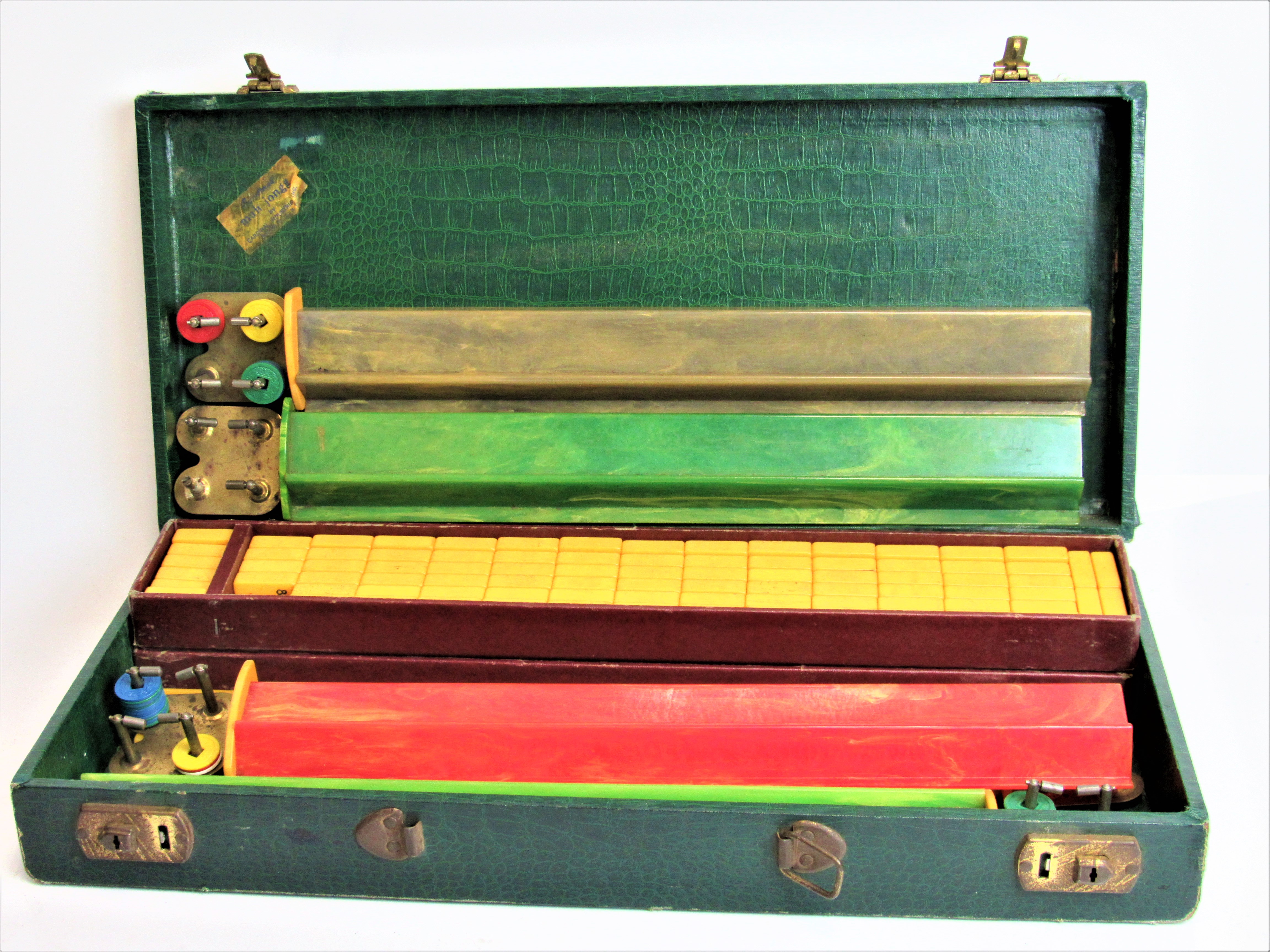 Vintage Bakelite Mah Jong Set Tiles Racks & Green Hard Case 