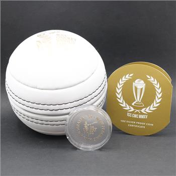 2015 1 oz Fine Silver Cricket World Cup Curved Coin in Cricket Ball Casing & COA