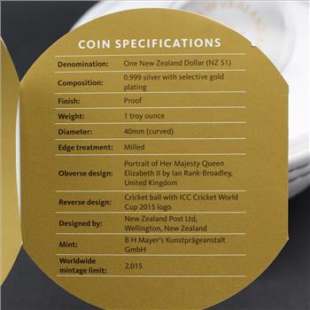 2015 1 oz Fine Silver Cricket World Cup Curved Coin in Cricket Ball Casing & COA