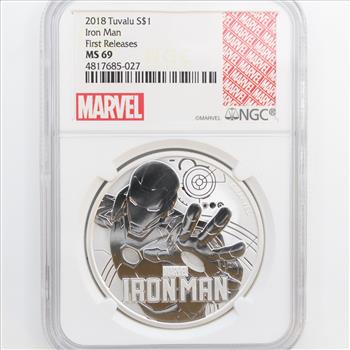 2018 Tuvalu Silver $1 Iron Man Marvel First Releases NGC MS 69