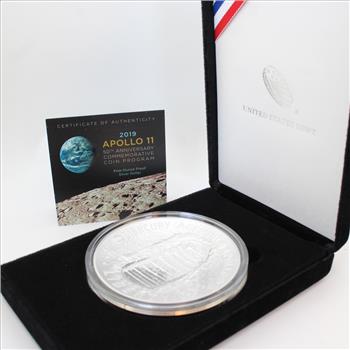 2019 5 Oz Proof Silver Dollar Apollo 11 50th Anniversary Commemorative Coin w/ Case, Box & Certificate