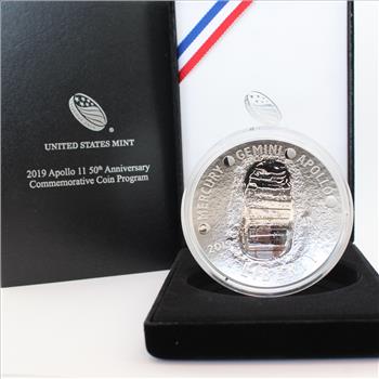 2019 5 Oz Proof Silver Dollar Apollo 11 50th Anniversary Commemorative Coin w/ Case, Box & Certificate