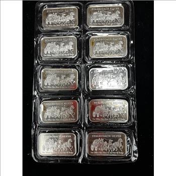 Lot of 10 (entire sheet) Stagecoach 1 oz .999 Silver Divisible Bar ...