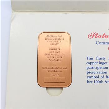 Statue of Liberty Centennial Comm. Copper Ingot & Colorized George Washington/Statue of Liberty $1