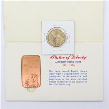Statue of Liberty Centennial Comm. Copper Ingot & Colorized George Washington/Statue of Liberty $1
