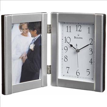 Bulova B1275 Hinged Brushed Aluminum Clock and Photo Frame 3.5x 5-BRAND NEW