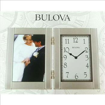 Bulova B1275 Hinged Brushed Aluminum Clock and Photo Frame 3.5x 5-BRAND NEW