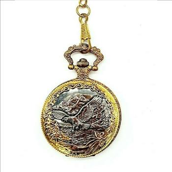 Geneva Men's Round Quartz Bald Eagle Tu-Tone Silver & Gold Pocket Watch