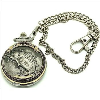 JH Terrain Men's Silver Bass Two-Toned with Chain Round Pocket Watch