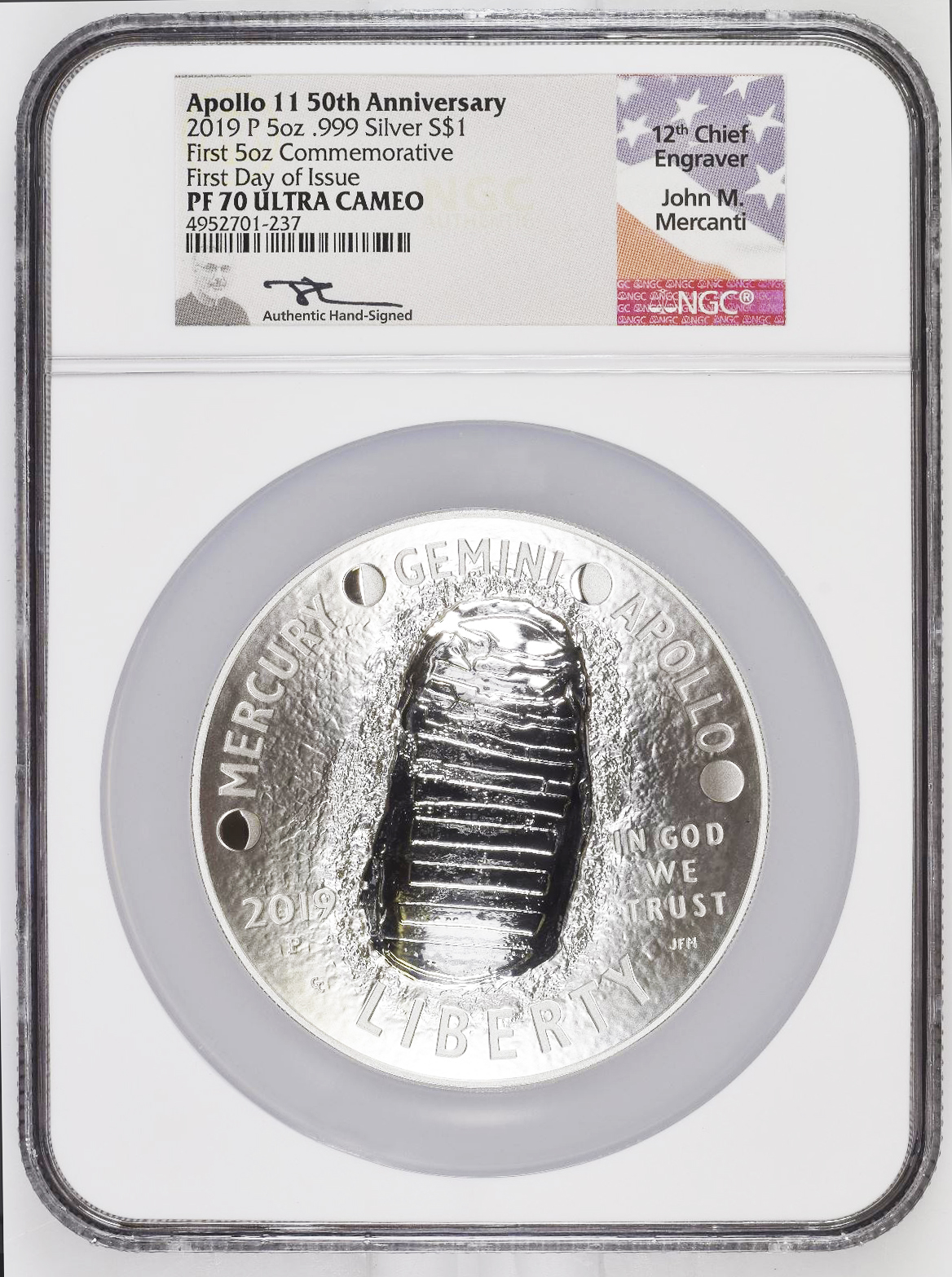 1 of 368, 2019 5oz Pure Silver Perfect Early Release Curved Apollo 11 ...