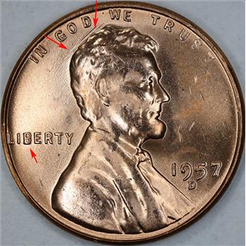 1957-D BU Rare Filled B and Extremely Over Polished Die