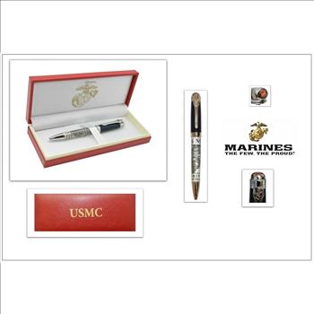 US Marines USMC Pewter Ballpoint Pen Gift Set BLUE
