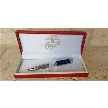 US Marines USMC Pewter Ballpoint Pen Gift Set BLUE