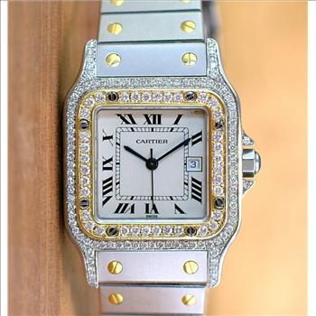 Cartier Santos Ladies Watch Two-Tone Roman Dial Diamond Bezel with Box