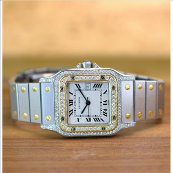 Cartier Santos Ladies Watch Two-Tone Roman Dial Diamond Bezel with Box