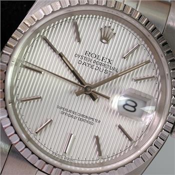 Rolex Mens Datejust SS 36mm Silver Tapestry Dial Engine Turned Bezel Ref16220