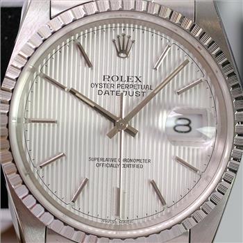 Rolex Mens Datejust SS 36mm Silver Tapestry Dial Engine Turned Bezel Ref16220
