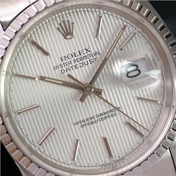 Rolex Mens Datejust SS 36mm Silver Tapestry Dial Engine Turned Bezel Ref16220