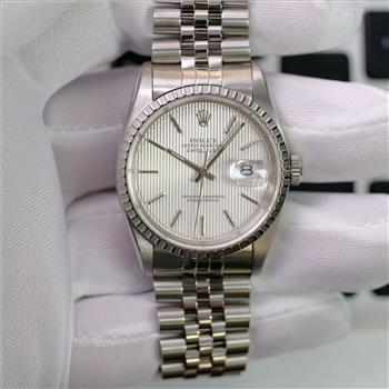 Rolex Mens Datejust SS 36mm Silver Tapestry Dial Engine Turned Bezel Ref16220