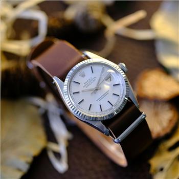 Rolex Mens Datejust SS 36mm Silver Dial Fluted Bezel Leather Watch-Preowned