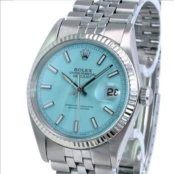 ROLEX UNISEX DATEJUST STEEL CUSTOM POWDER BLUE DIAL FLUTED BEZEL 36MM WATCH 1601-PREOWNED