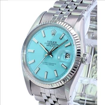 ROLEX UNISEX DATEJUST STEEL CUSTOM POWDER BLUE DIAL FLUTED BEZEL 36MM WATCH 1601-PREOWNED