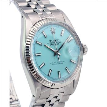 ROLEX UNISEX DATEJUST STEEL CUSTOM POWDER BLUE DIAL FLUTED BEZEL 36MM WATCH 1601-PREOWNED