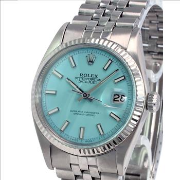 ROLEX UNISEX DATEJUST STEEL CUSTOM POWDER BLUE DIAL FLUTED BEZEL 36MM WATCH 1601-PREOWNED