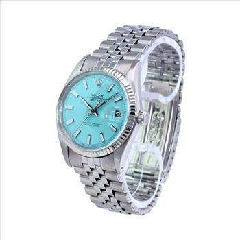 ROLEX UNISEX DATEJUST STEEL CUSTOM POWDER BLUE DIAL FLUTED BEZEL 36MM WATCH 1601-PREOWNED