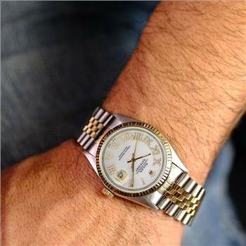 Rolex Men's Datejust 36mm White MOP Roman Diamond Dial 18K Fluted Bezel Watch-PREOWNED
