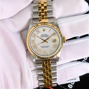 Rolex Men's Datejust 36mm White MOP Roman Diamond Dial 18K Fluted Bezel Watch-PREOWNED