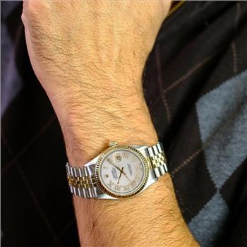 Rolex Men's Datejust 36mm White MOP Roman Diamond Dial 18K Fluted Bezel Watch-PREOWNED