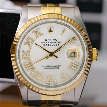 Rolex Men's Datejust 36mm White MOP Roman Diamond Dial 18K Fluted Bezel Watch-PREOWNED