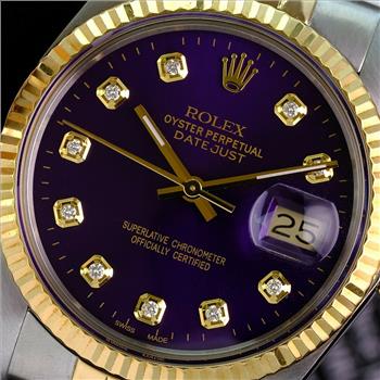 Rolex Mens Datejust Two-tone Purple Diamond Dial 18K Fluted Bezel 36mm Watch-Preowned