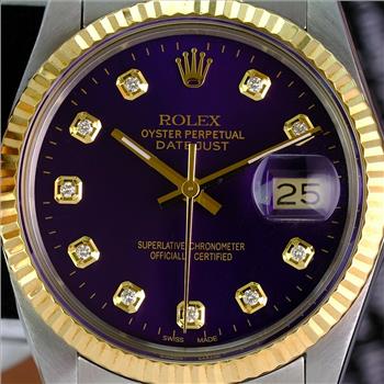 Rolex Mens Datejust Two-tone Purple Diamond Dial 18K Fluted Bezel 36mm Watch-Preowned