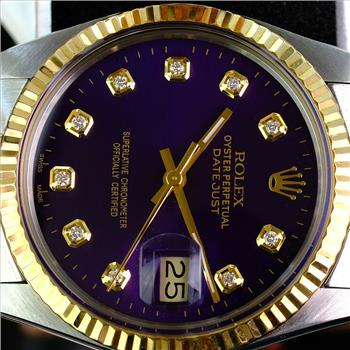Rolex Mens Datejust Two-tone Purple Diamond Dial 18K Fluted Bezel 36mm Watch-Preowned