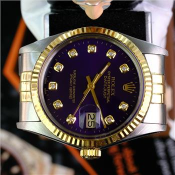 Rolex Mens Datejust Two-tone Purple Diamond Dial 18K Fluted Bezel 36mm Watch-Preowned