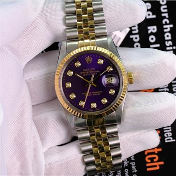 Rolex Mens Datejust Two-tone Purple Diamond Dial 18K Fluted Bezel 36mm Watch-Preowned