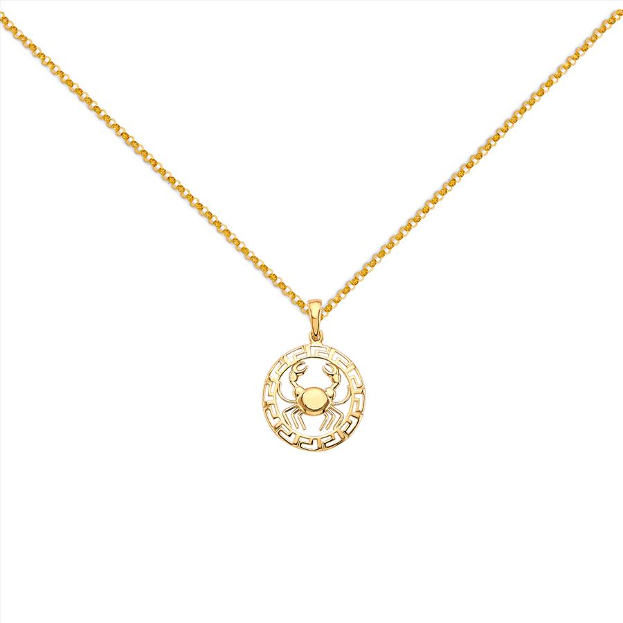 Astrology Jewelry 14k Yellow Gold Round Cancer Zodiac Sign Horoscope Constellation Pendant With Yellow Gold 1.2mm Classic Rolo Cable Chain - 16''