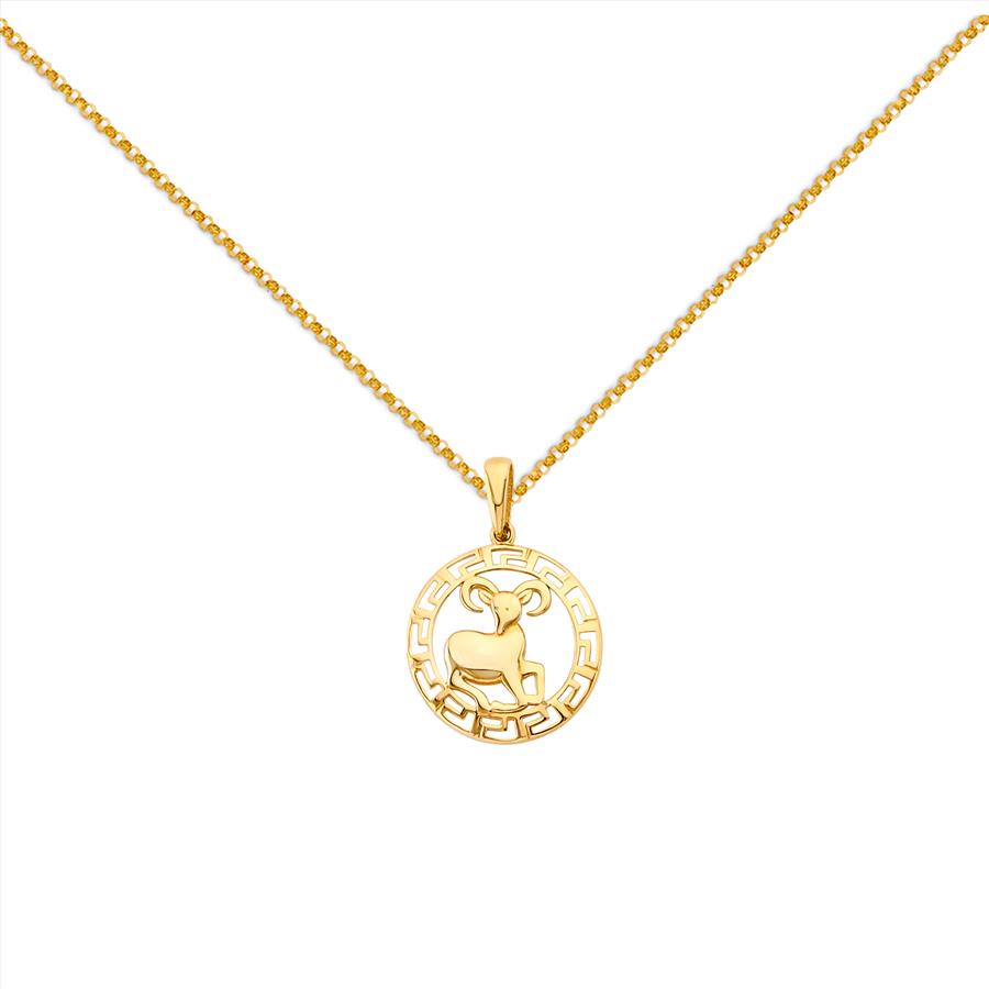 Astrology Jewelry 14k Yellow Gold Round Aries Zodiac Sign Horoscope Constellation Pendant With Yellow Gold 1.2mm Classic Rolo Cable Chain - 16''