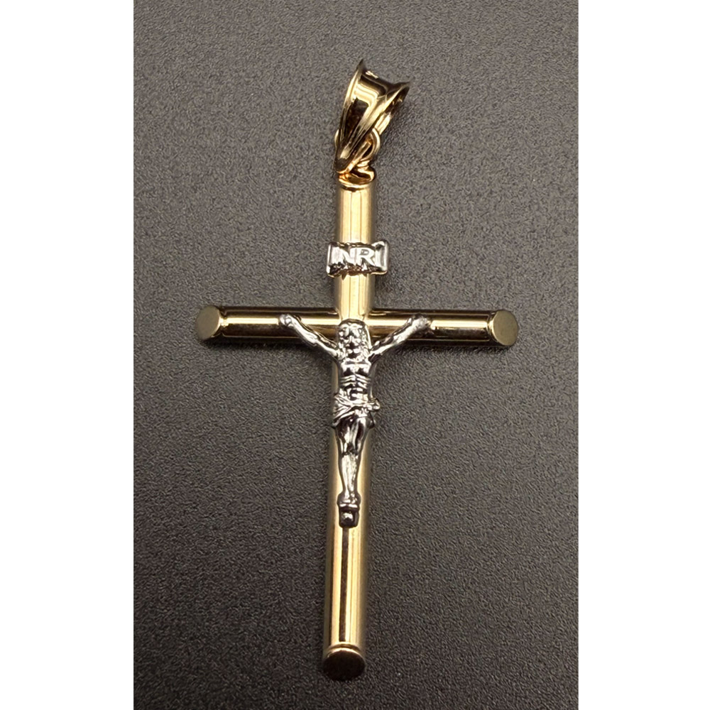 14K Two Tone Gold Hollow Round Tube Crucufix  Pendant