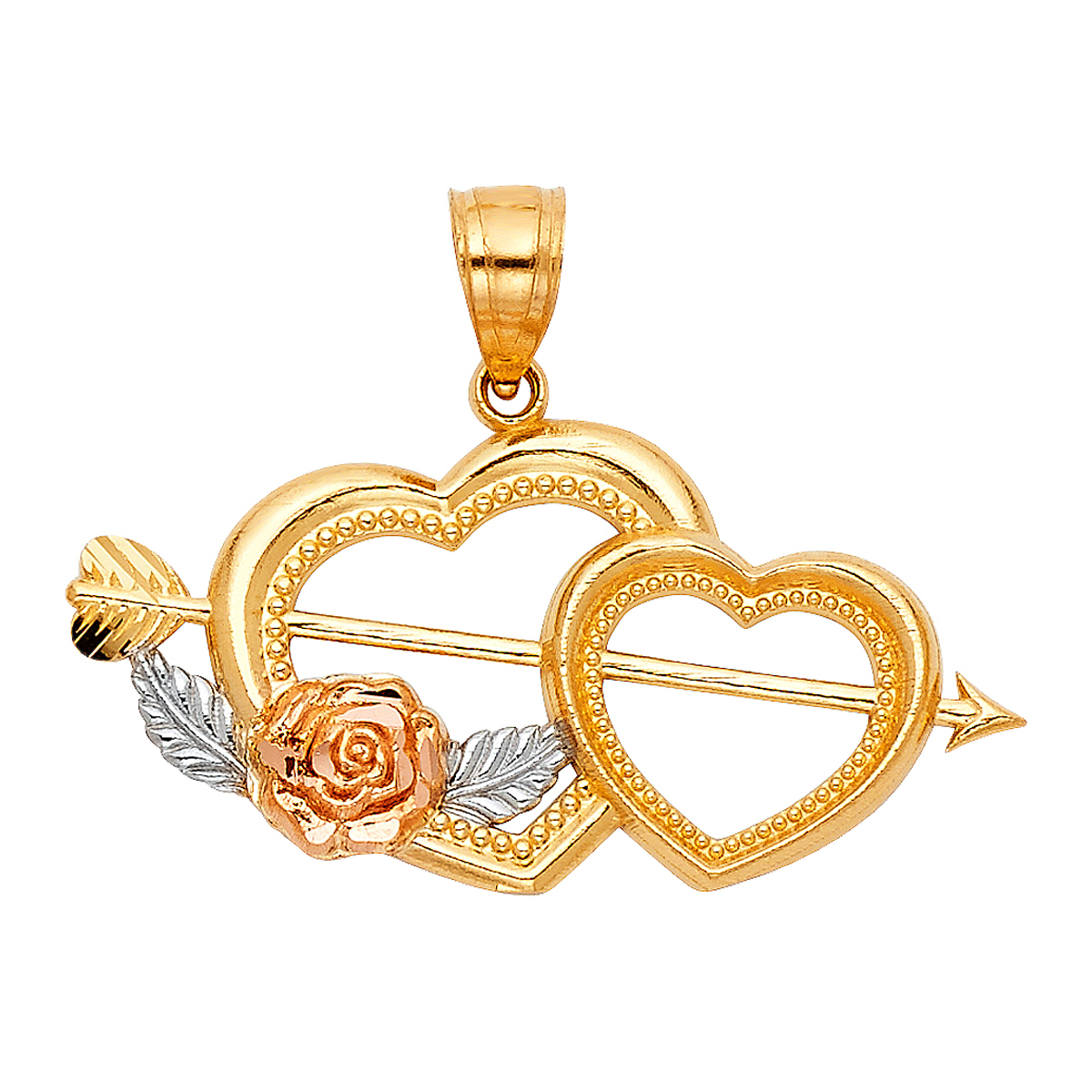 14K Two Tone White Yellow Gold Cupid Arrow Double Heart Pendant - 17 mm X 30 mm