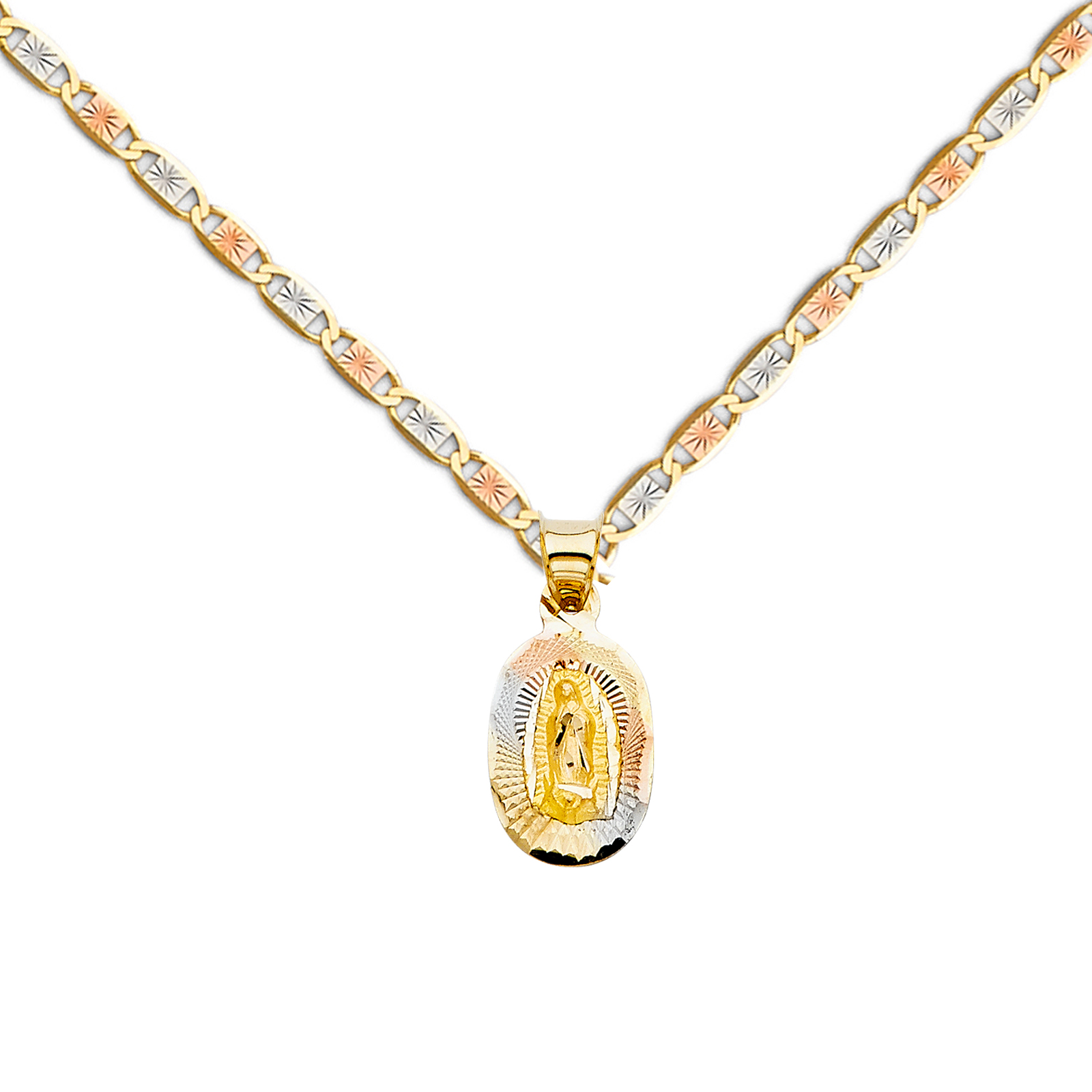 14K Tri Color Gold Diamond Cut Our Lady of Guadalupe Stamp Charm Pendant with 1.5mm Valentino Chain Necklace - 16"